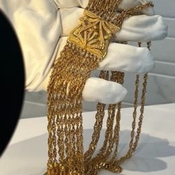 Vtg D'ORLAN Etruscan revival fringe tassel gold tone necklace 70's 26" - Picture 8 of 10